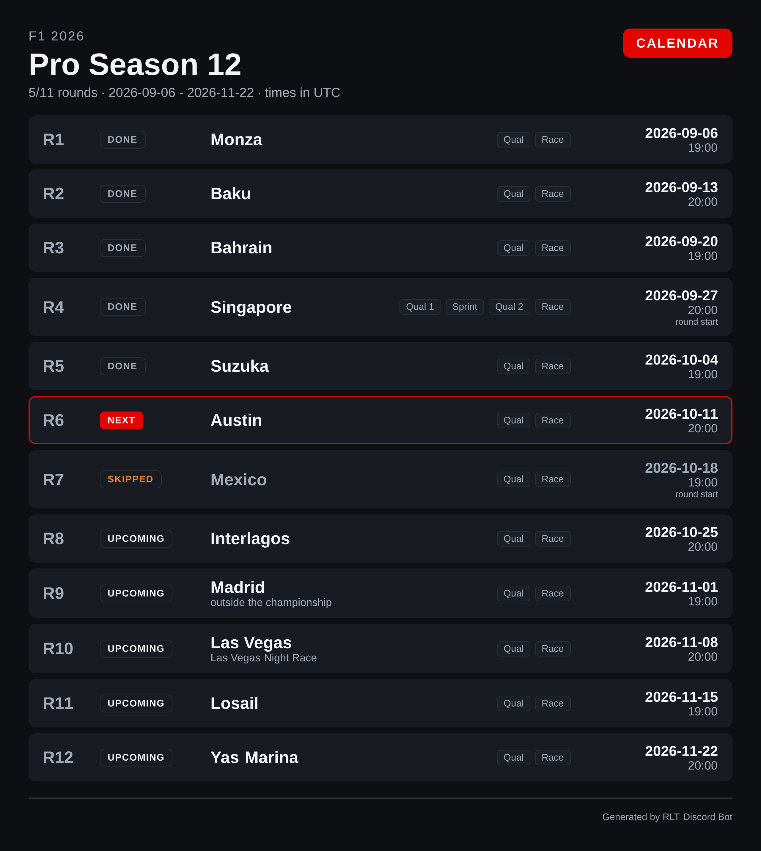 Season calendar card