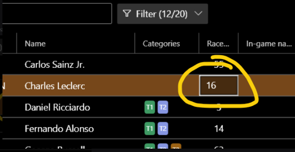 Driver race numbers