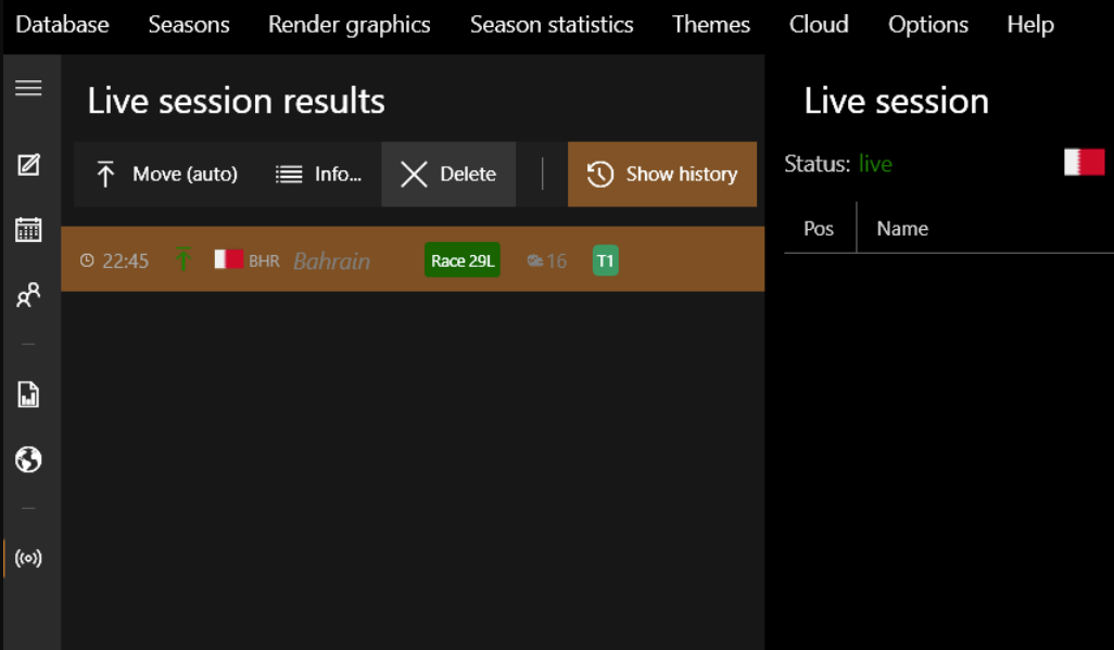 Live session results list